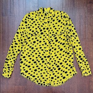 Boss Orange 100% Silk Vibrant Yellow Polka Dot Button Down Shirt, Size Medium